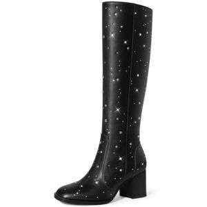 NEW MUCCCUTE BLACK RHINESTONE BOOTS FOR WOMEN SQUARE TOE KNEE HIGH BOOTS CHUNKY
